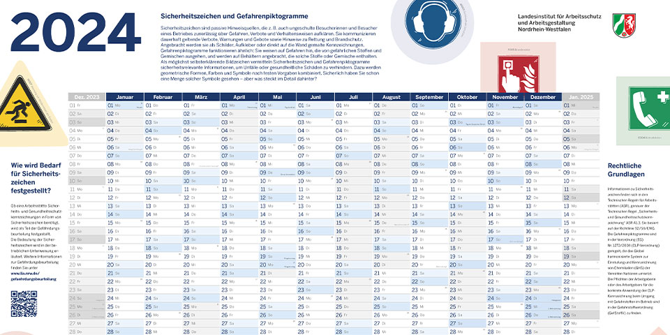 Das Bild zeigt die obere Hälfte eines Posterkalenders für das Jahr 2024, neben dem Kalendarium sind Sicherheitskennzeichen und Text zu sehen