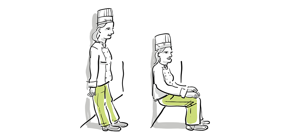 Skizze einer Köchen bei der Bewegungsübung "Wandsitzen".