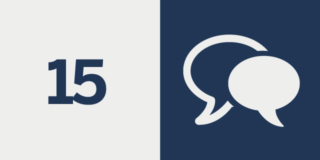 Symbolbild Zahl des Monats: Links die Zahl 15. Auf der rechten Seite ein Icon mit zwei sich überlappenden Sprechblasen